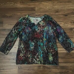 Parsley and Sage Colourful‎ Tshirt Whimsical Pleated Women Large Boho Y2K Fairy